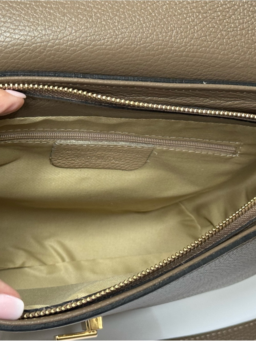 Taupe Leather Half-Moon Crossbody Bag with Gold Ring Accent - Picture 10 of 12